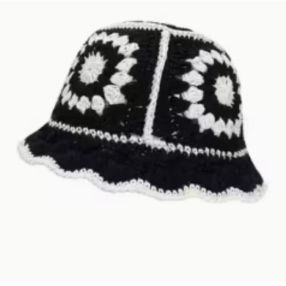 Crochet Bucket Hat Hand-Crocheted Floral Square Design, Black and White, New.